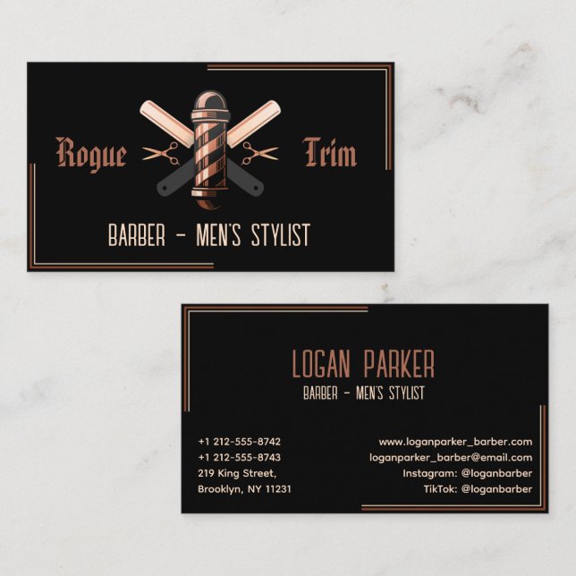 Carte De Visite Barber Pole Razor Scissors Black Rose Gold (Devant / Derrière)