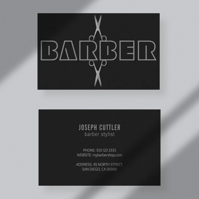 Carte De Visite Barber professionnel argent ciseaux de script noir (Créateur téléchargé)