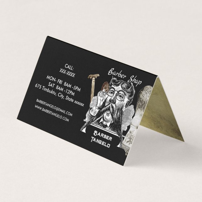 Carte De Visite Barber Razor & Gold Noir professionnel plié (Devant)