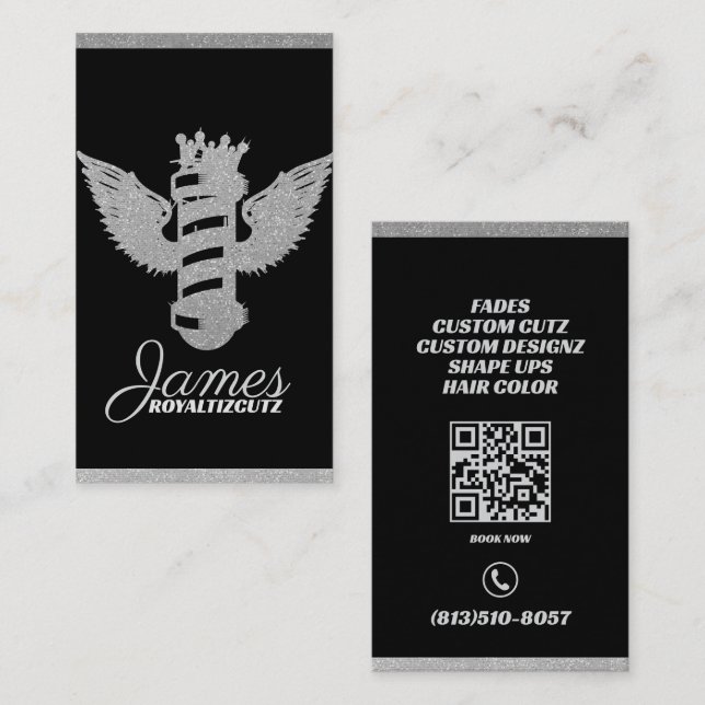 Carte De Visite Barber Shop Crown Wings Sparkly Logo Professionnel (Devant / Derrière)