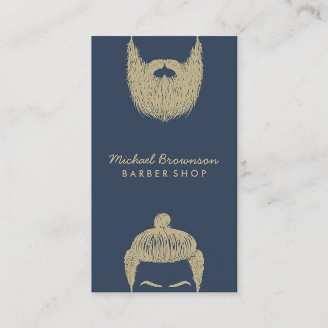 Carte De Visite Barber Shop hipster barbe moustache marine or (Devant)