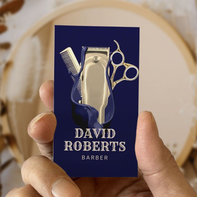 Carte De Visite Barber Shopping Coiffeur Marine Blue Gold Barbersh (Créateur téléchargé)