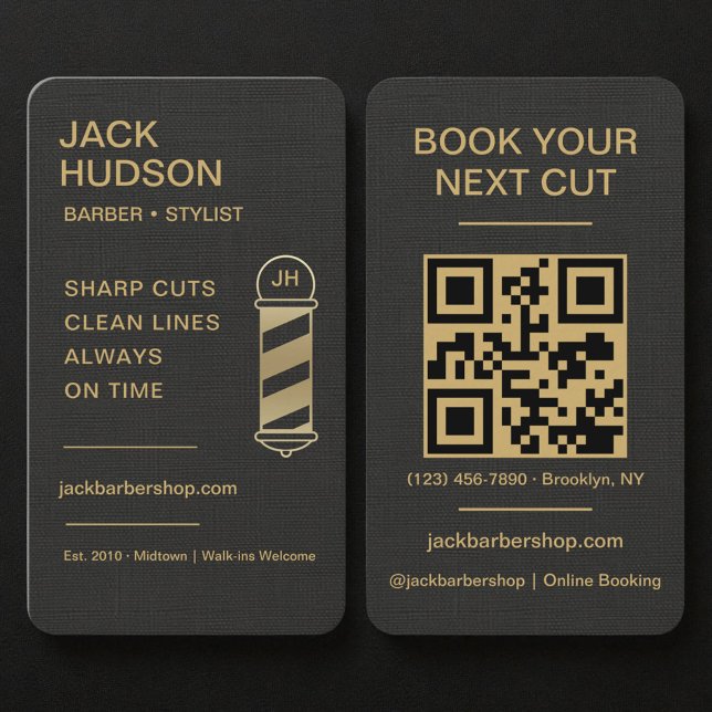 Carte De Visite Barbershop Black Linen Gold Barber Haircut  (Créateur téléchargé)