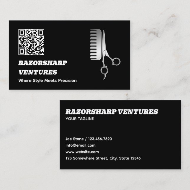Carte De Visite Barbershop Black QR (Devant / Derrière)