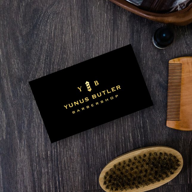 Carte De Visite Barbershop Monogram Gold Barber Poteau Logo (Créateur téléchargé)