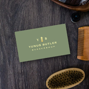 Carte De Visite Barbershop Monogram Sage Green Gold Barber Poteau
