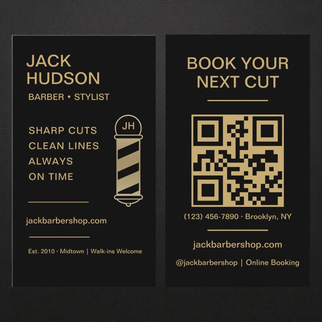 Carte De Visite Barbershop QR Code Black Gold Barber Haircut  (Créateur téléchargé)