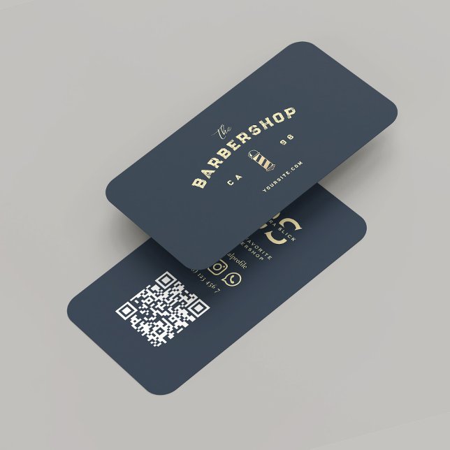 Carte De Visite Barbier moderne Bleu foncé Pole de Barbier d'or (Modern Barbershop Dark Blue Gold Barber's Pole Business Card
)