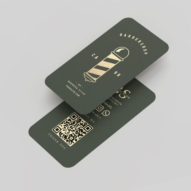 Carte De Visite Barbier moderne Moss Green Gold Barber Poteau (Modern Barbershop Dark Green Gold Barber Pole Business Card
)