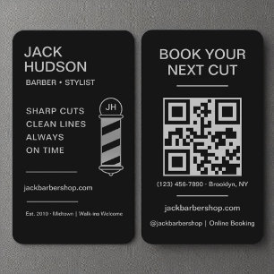 Carte De Visite Barbier noir en argent Barbier en coiffure Code QR