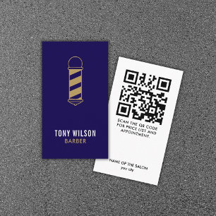 Carte De Visite Barbre minimaliste bleu foncé doré QR Code
