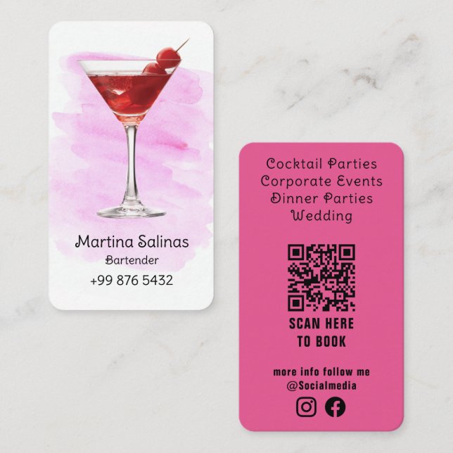 Carte De Visite barman professionnel | Aquarelle rose (Devant / Derrière)