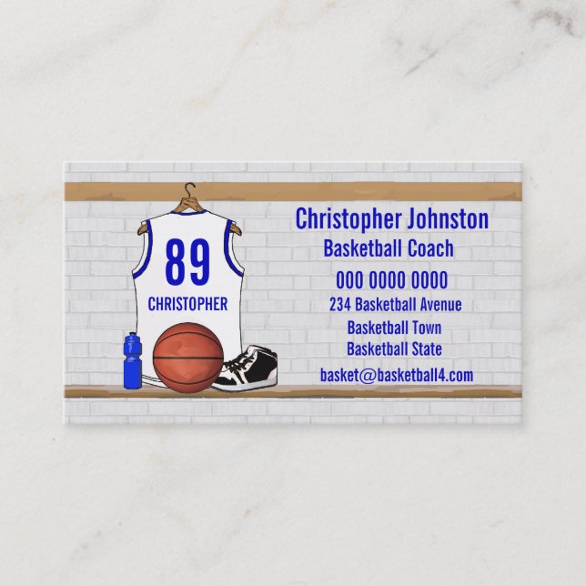 Carte De Visite Basket-ball blanc et bleu personnalisé Jersey (Devant)