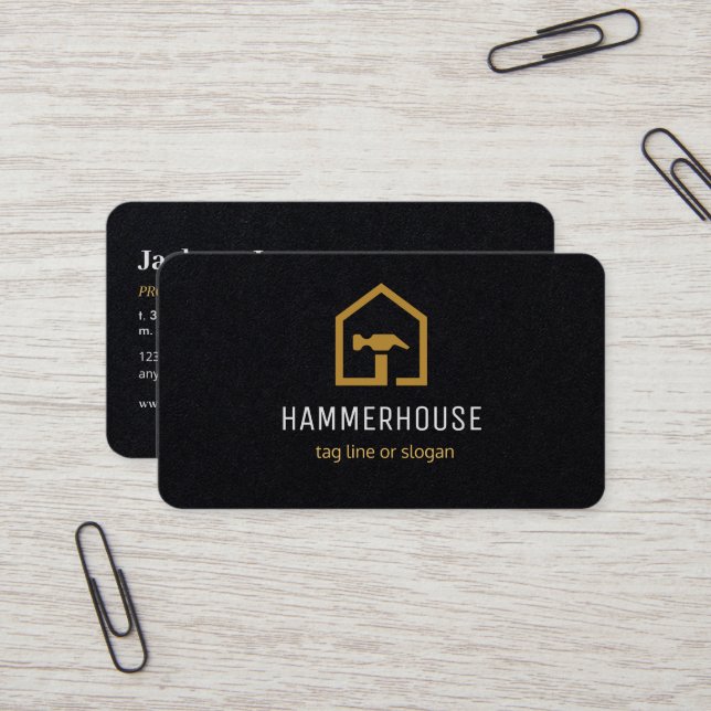 Carte De Visite Bâtiment moderne de construction en noir et or (Devant/Arrière en situation)