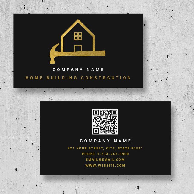 Carte De Visite Bâtiment résidentiel Black Gold Hammer (Black Gold Hammer Home Building Construction Business Card)