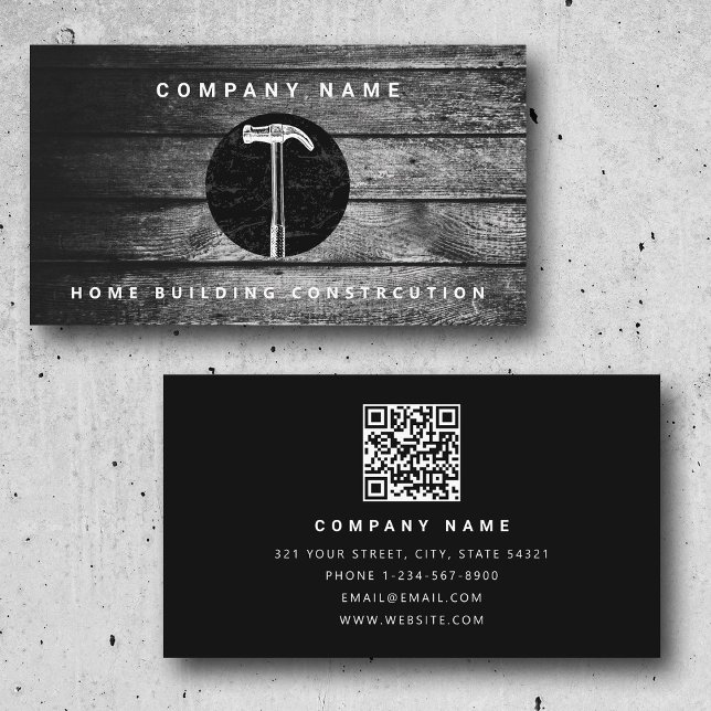 Carte De Visite Bâtiment résidentiel en marteau de bois noir (Black Wood Hammer Home Building Construction Business Card)