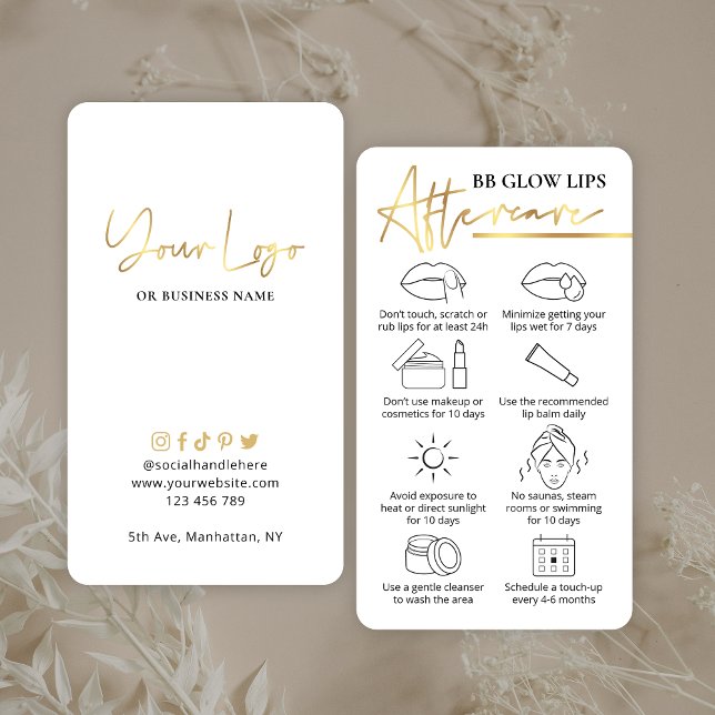 Carte De Visite BB Glow Lips Aftercare Artiste PMU Blanc & Or (Modern white and faux gold BB Glow Lips Aftercare Instructions Cards with space for your details)