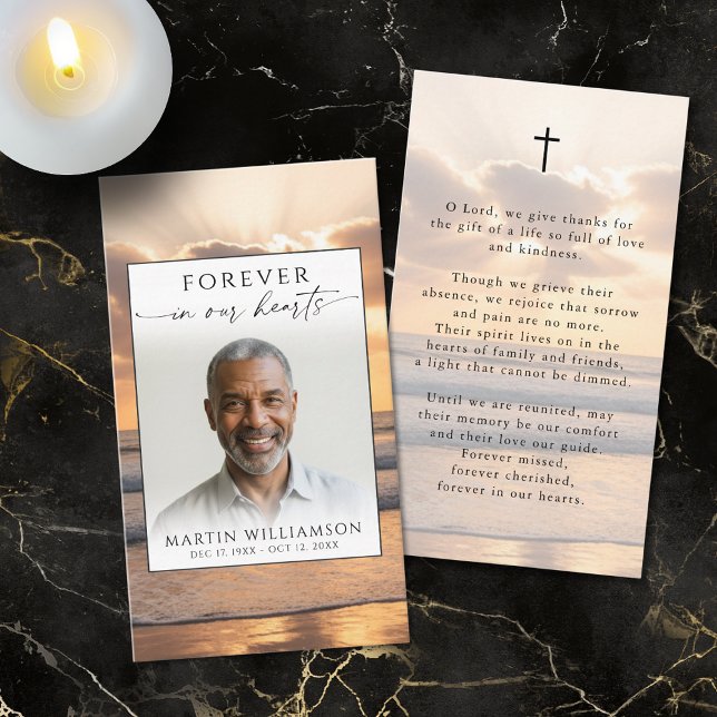 Carte De Visite Beach Sunset Forever Hearts Photo Prayer Card (Créateur téléchargé)