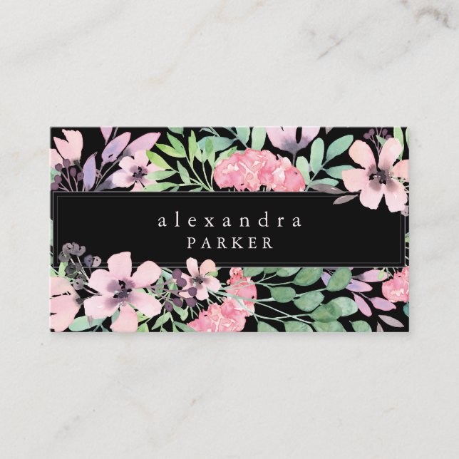 Carte De Visite Beau cadre floral d'aquarelle de | sur le noir (Devant)