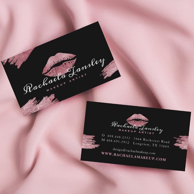 Carte De Visite Beauté glamour Artiste maquillage de lèvres noir e (Glamorous Beauty Black & Pink Lip Makeup Artist Business Card)