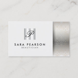 Carte De Visite Beauticier élégant monogramme argent Damask