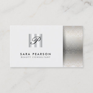 Carte De Visite Beauty Consultant Elegant Argent Monogramme Damask