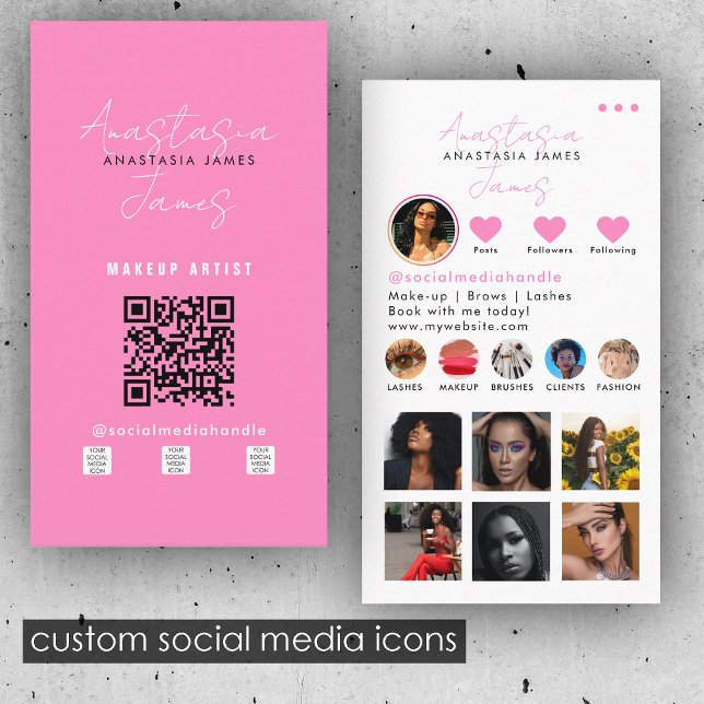 Carte De Visite Beauty Influencer Social Media QR Code Rose (Beauty Influencer Social Media QR Code Pink Business Card)