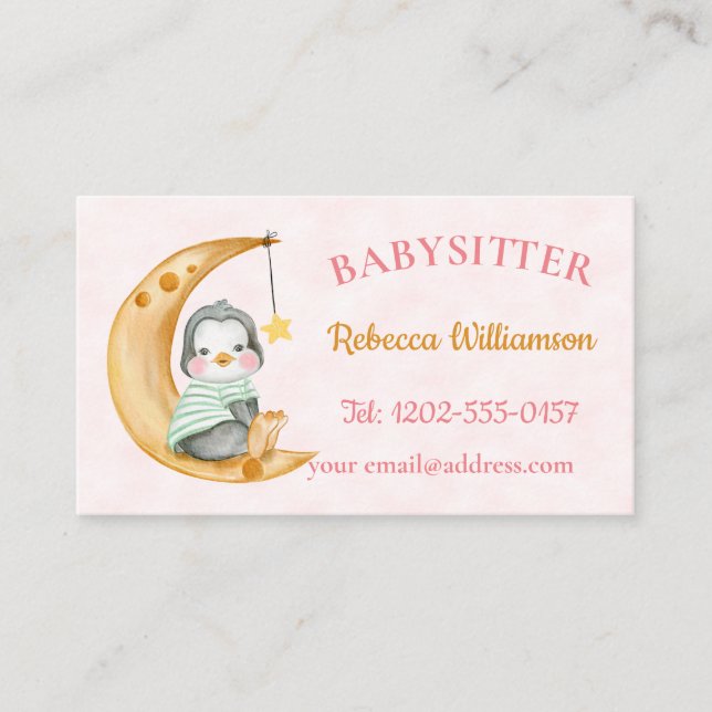 Carte De Visite Bébé mignon Penguin Lune rose (Devant)