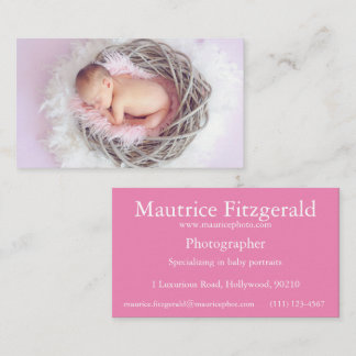 Carte De Visite Bébé photographe rose avec écriture blanche