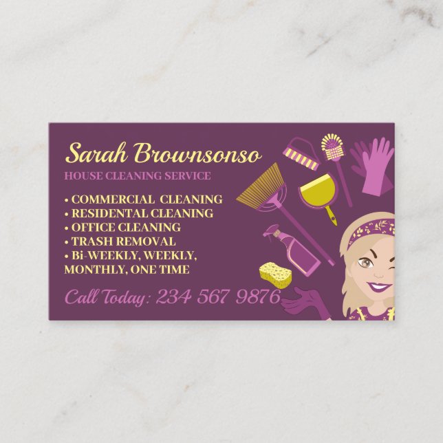 Carte De Visite Beige Blonde Violet Femme Maison Janitorial Propre (Devant)