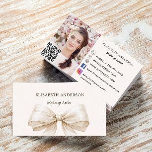 Carte De Visite Beige crème bow qr code médias sociaux photo