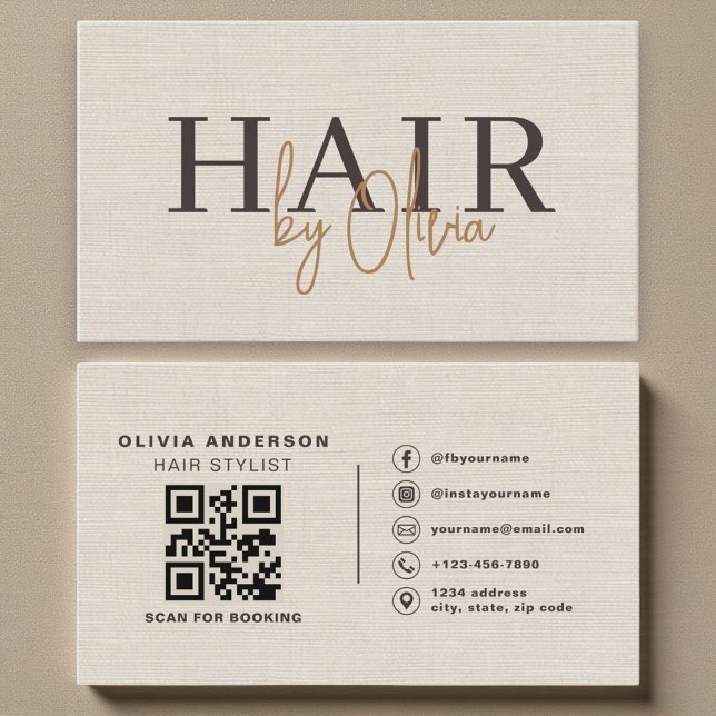 Carte De Visite Beige Neutral Linen QR Code Hair Stylist  (Créateur téléchargé)