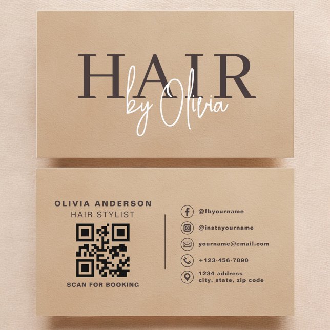 Carte De Visite Beige Neutral Suede QR Code Hair Stylist  (Créateur téléchargé)