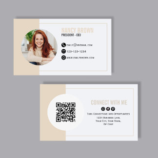 Carte De Visite Beige Photo QR Code Connect With Me Minimal