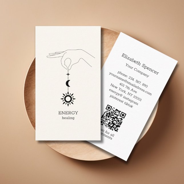 Carte de visite beige QR-Code Soleil Lune (Beige Hand Sun Moon Illustration QR Code Business Card. Modern Whimsical. )