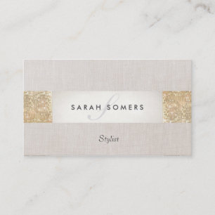 Carte De Visite Beige rayé moderne, Séquin or FAUX Monogramme