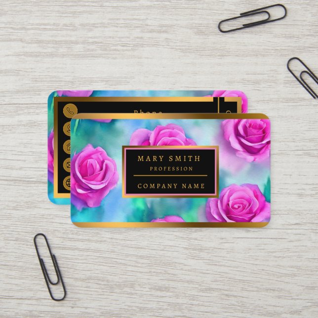 Carte De Visite Belle aquarelle Moderne Roses Rose Collection (Devant/Arrière en situation)