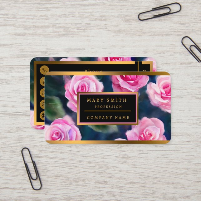Carte De Visite Belle Aquarelle Populaire Roses Roses Roses Roses  (Devant/Arrière en situation)