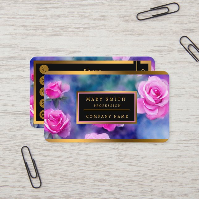 Carte De Visite Belle Aquarelle Rose Rose Collection tendance (Devant/Arrière en situation)