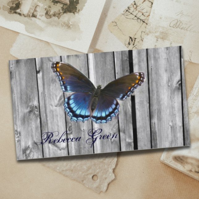 Carte De Visite belle grange en bois bleu papillon (elegant country barn wood blue butterfly business card)