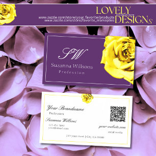 Carte De Visite Belle rose jaune sur les initiales violettes Code 