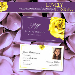 Carte De Visite Belle rose jaune sur les initiales violettes Photo
