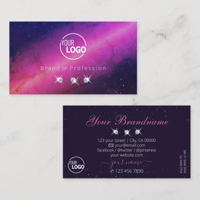 Carte De Visite Bijoux étincelants rose foncé Universe avec logo (Devant / Derrière)