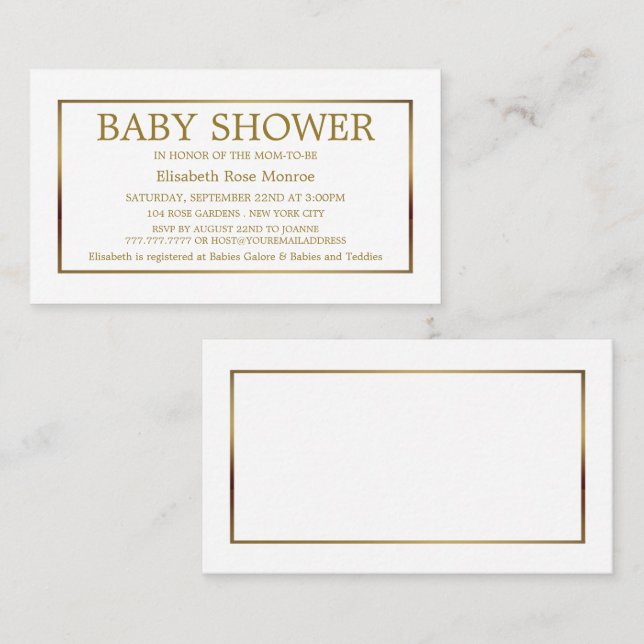 Carte De Visite Billet Baby shower moderne & élégant, blanc & or (Devant / Derrière)