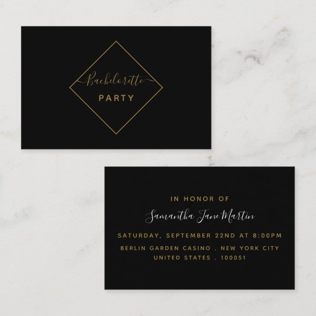 Carte De Visite Billet Bachelorette Bachelorette Diamant Noir & Or (Devant / Derrière)