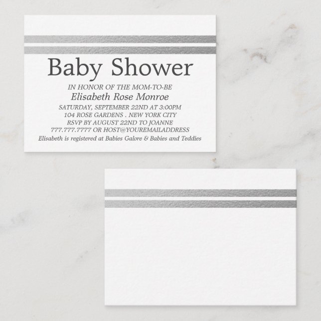 Carte De Visite Billet Chic Baby shower blanc, Bande d'huile d'arg (Devant / Derrière)