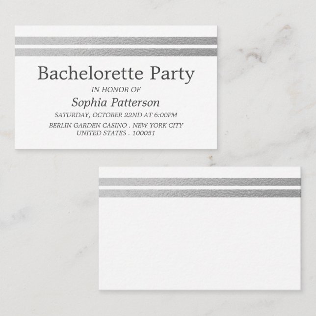 Carte De Visite Billet de partie Bachelorette Chic Silver Foil (Devant / Derrière)