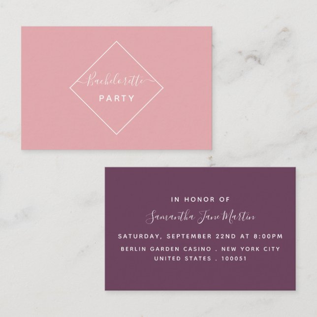 Carte De Visite Billet de partie de Bachelorette rose & aubergine  (Devant / Derrière)