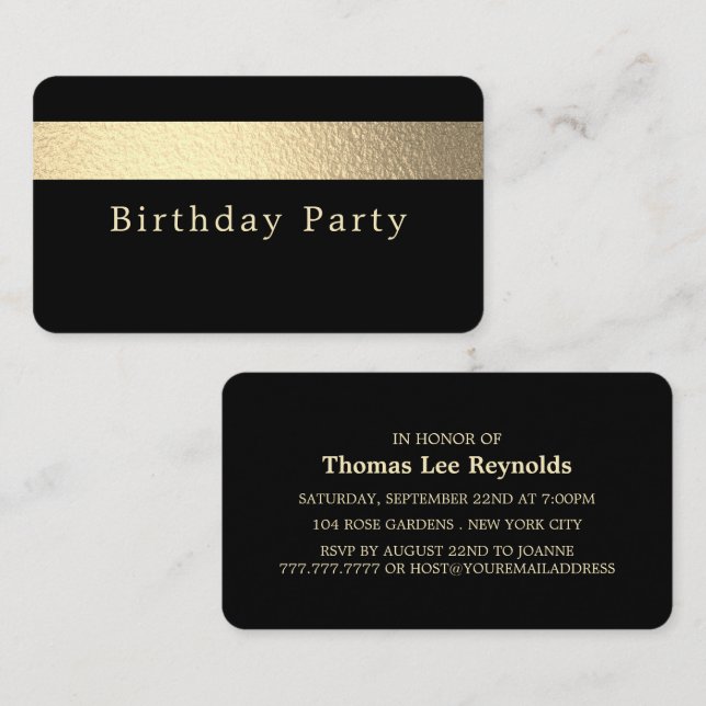 Carte De Visite Billet Gold Foil Stripe, Jet Black, Billet de fête (Devant / Derrière)