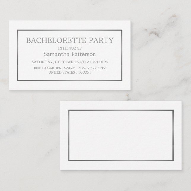 Carte De Visite Billet moderne Bachelorette Blanc & Argent (Devant / Derrière)